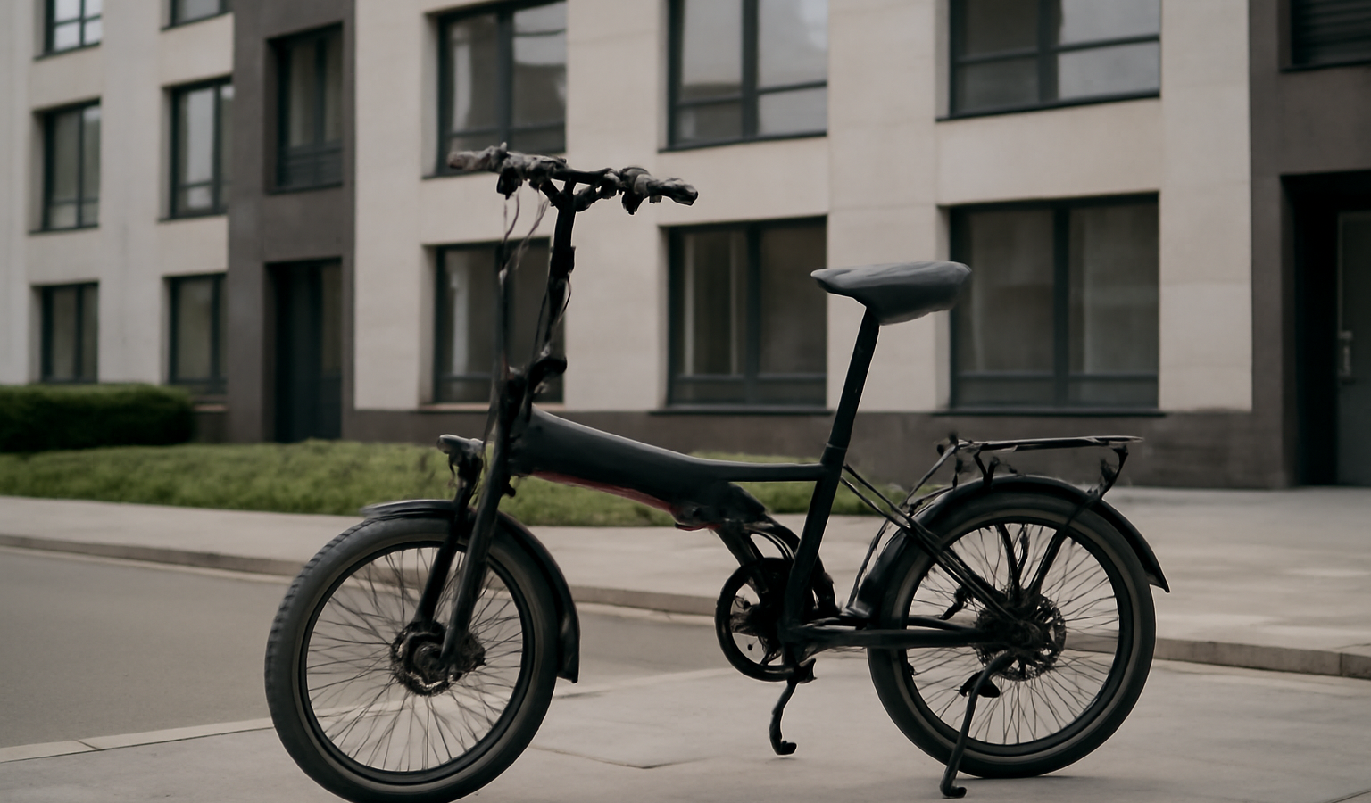 vélo pliant électrique posé devant immeuble