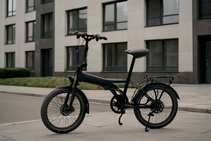 vélo pliant électrique posé devant immeuble