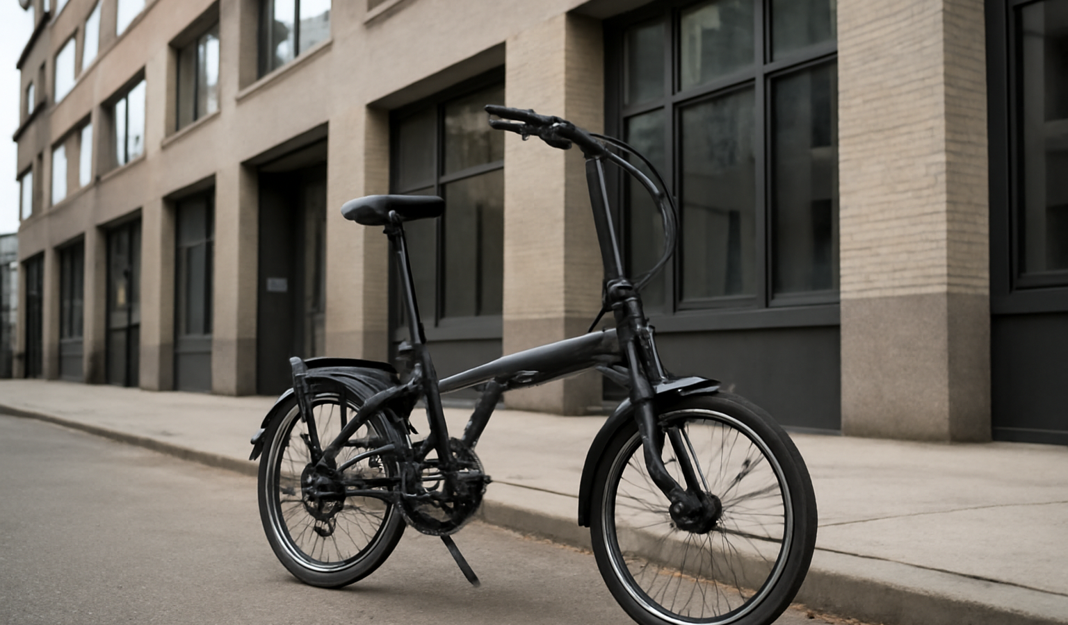 velo pliant pose devant immeuble urbain
