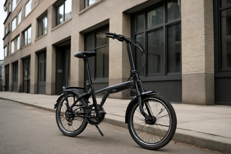 velo pliant pose devant immeuble urbain