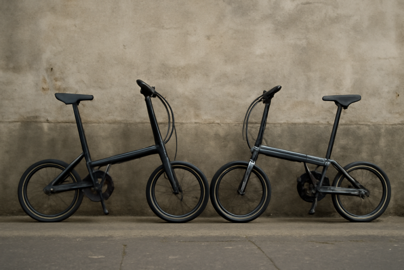 deux velos pliants appuyes sur mur urbain
