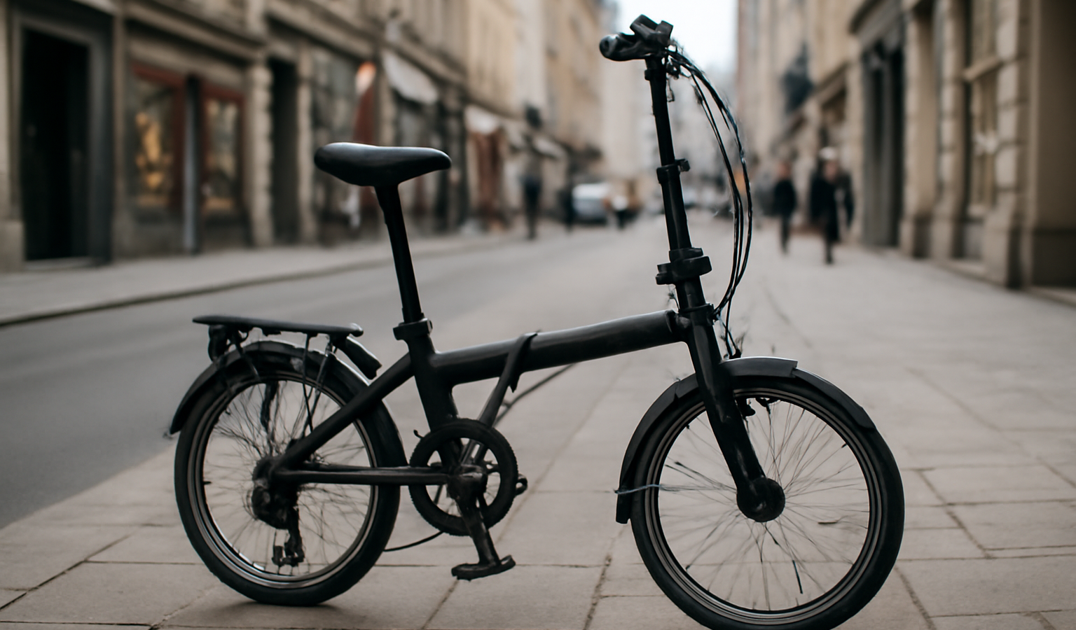 vélo pliant posé sur trottoir en centre ville