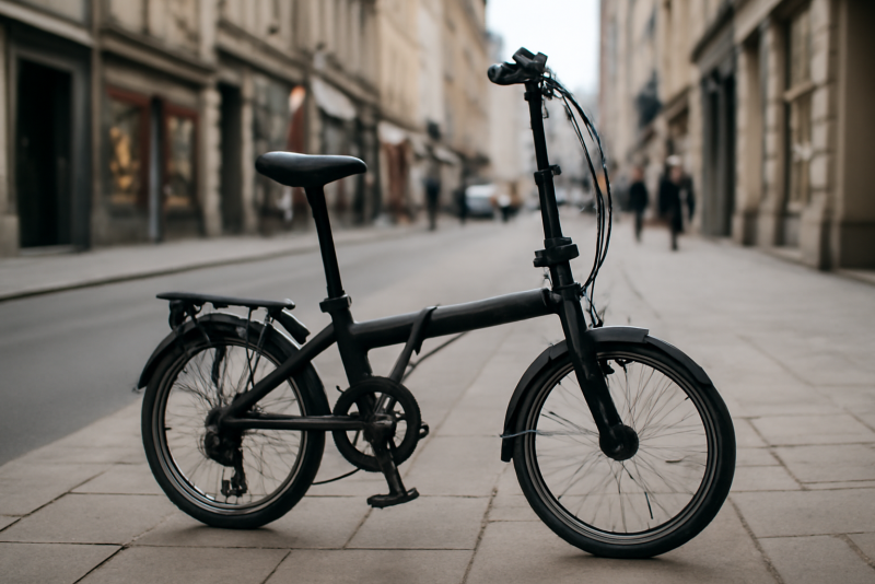 vélo pliant posé sur trottoir en centre ville