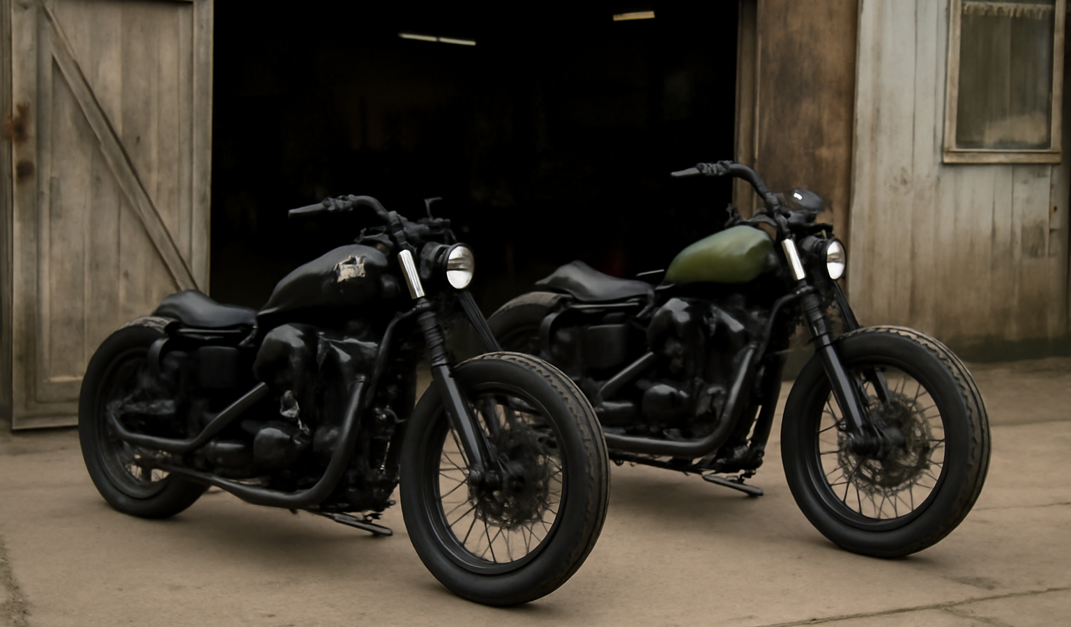 deux motos custom stationnees devant atelier