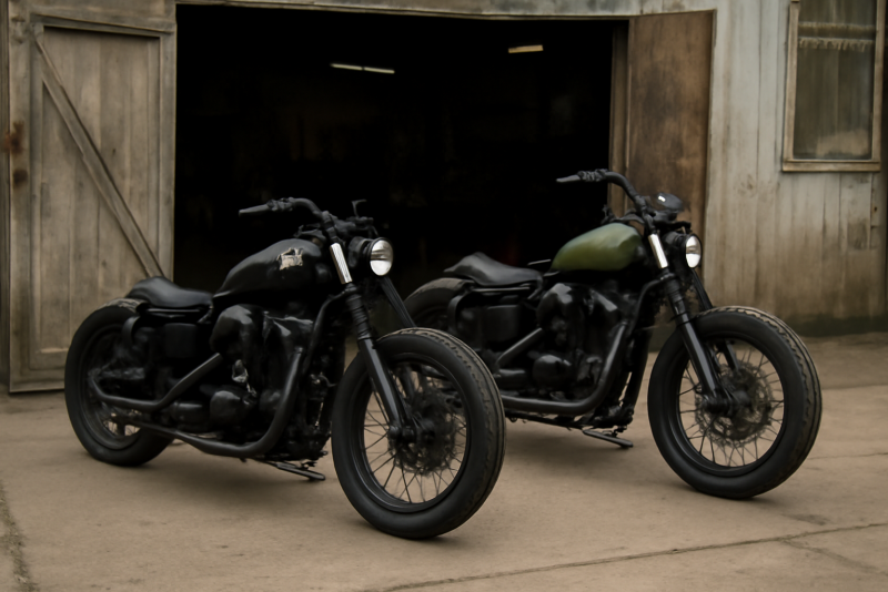 deux motos custom stationnees devant atelier
