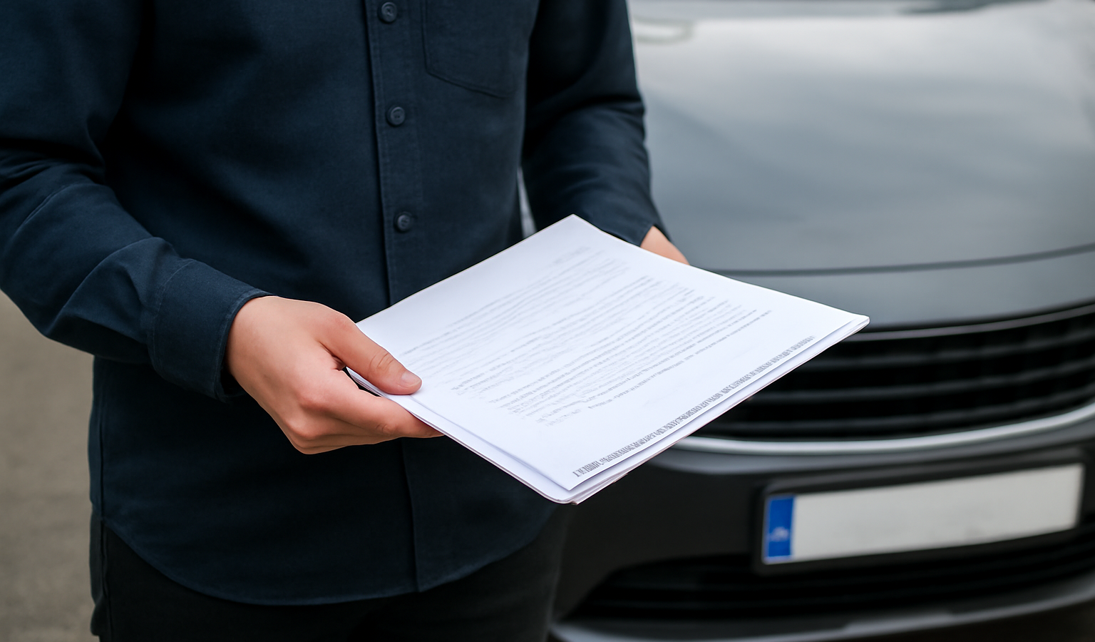 personne tenant documents devant voiture immatriculee