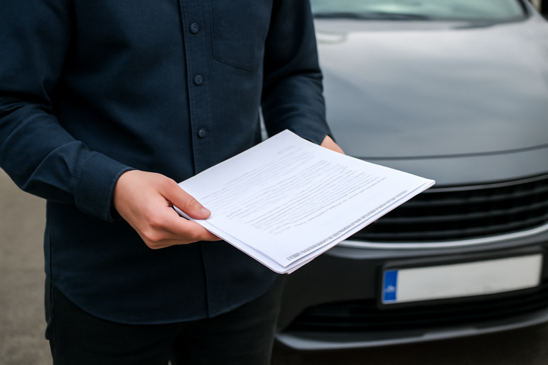 personne tenant documents devant voiture immatriculee
