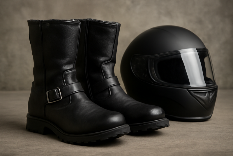 bottes moto posees pres d un casque