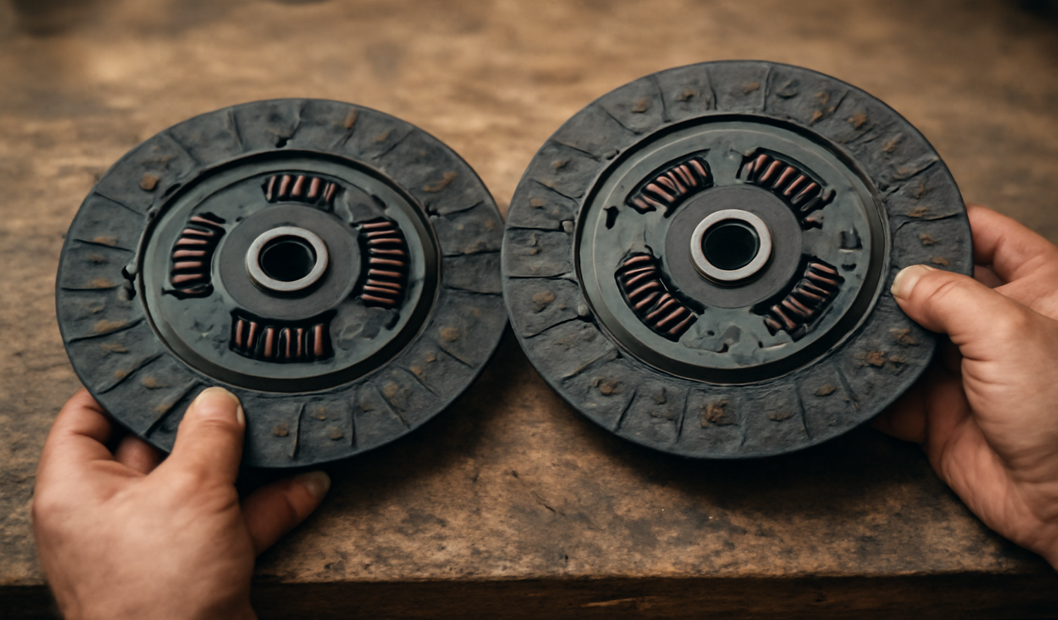 mains comparant disques d'embrayage sur établi