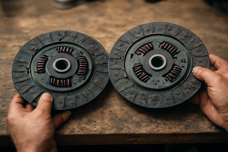 mains comparant disques d'embrayage sur établi