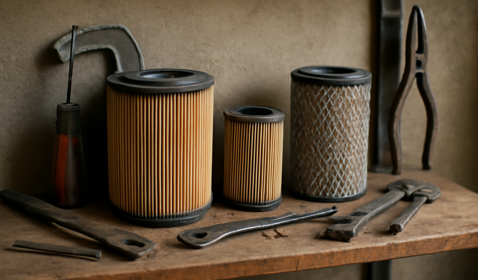filtres et outils sur etagere atelier