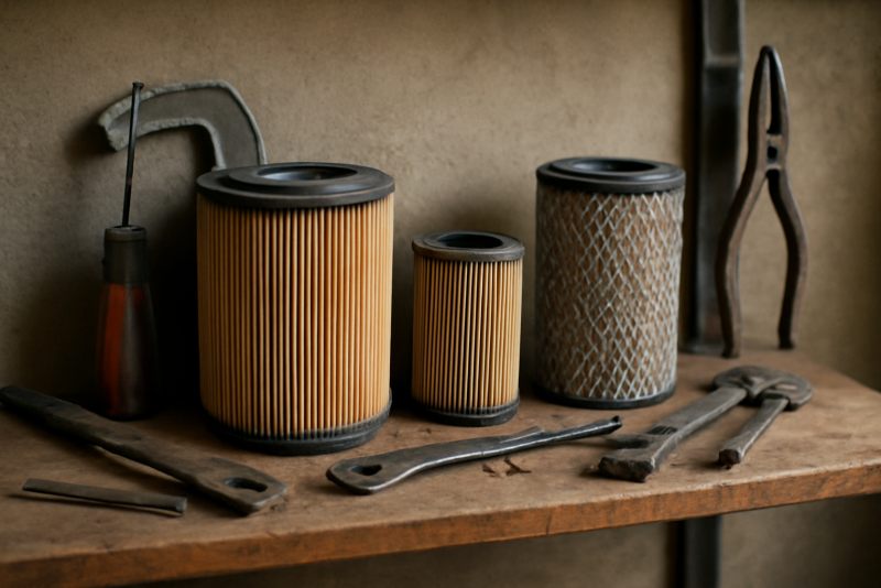 filtres et outils sur etagere atelier
