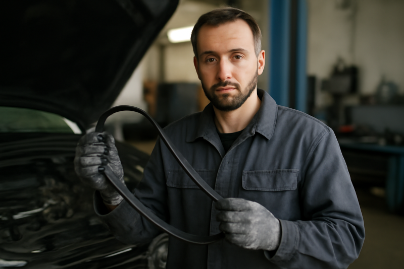 mecanicien tenant une courroie de moteur