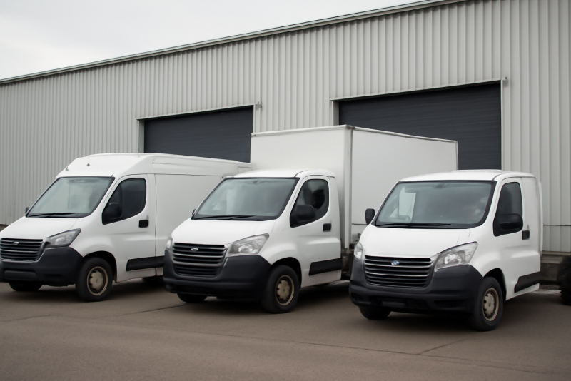 plusieurs vehicules utilitaires gares devant entrepot