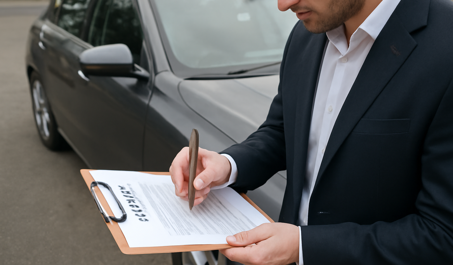 personne signant contrat devant voiture garée