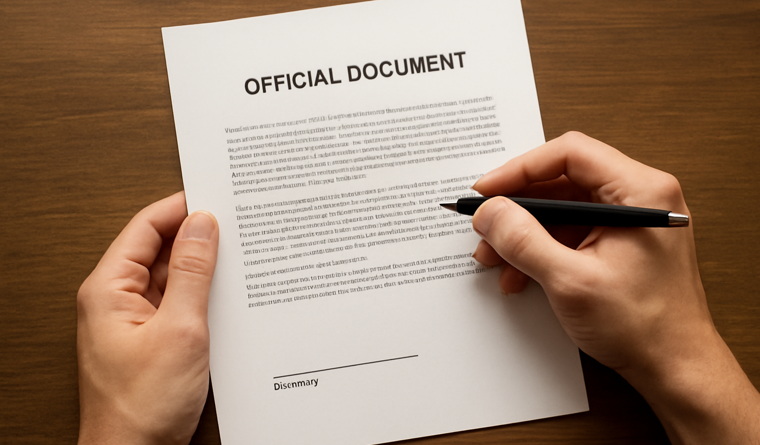 mains tenant papier officiel et stylo sur table