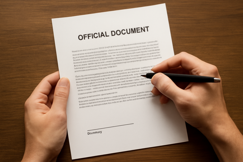 mains tenant papier officiel et stylo sur table