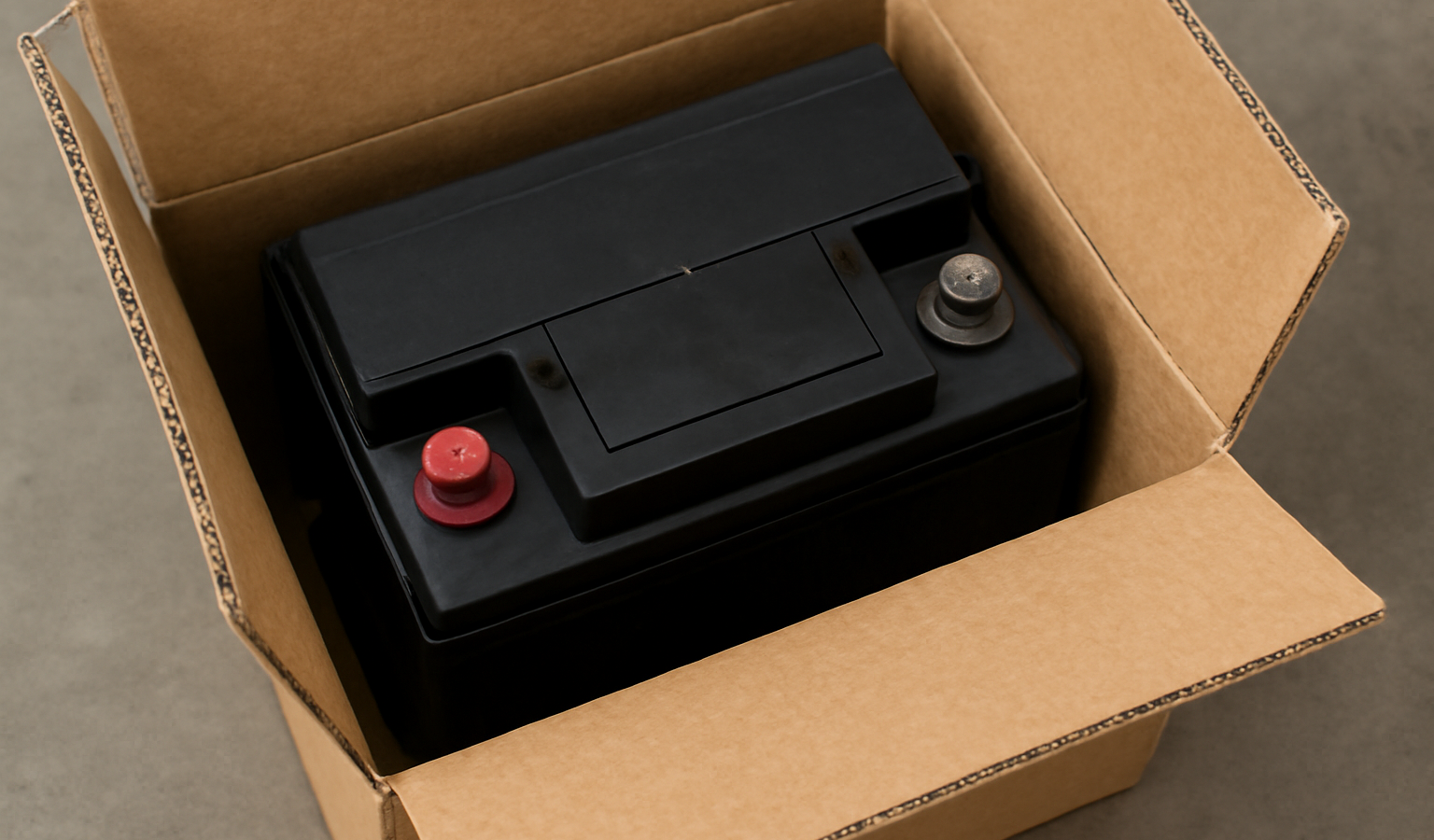 batterie posée dans un carton renforcé