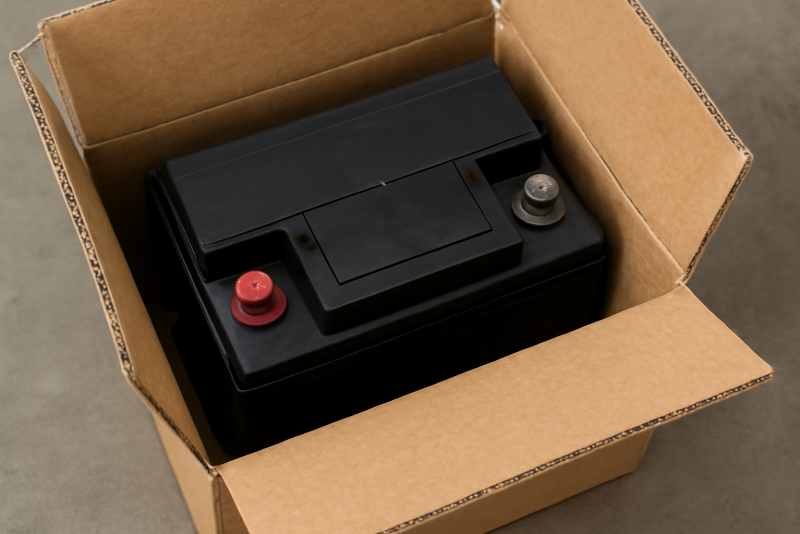 batterie posée dans un carton renforcé