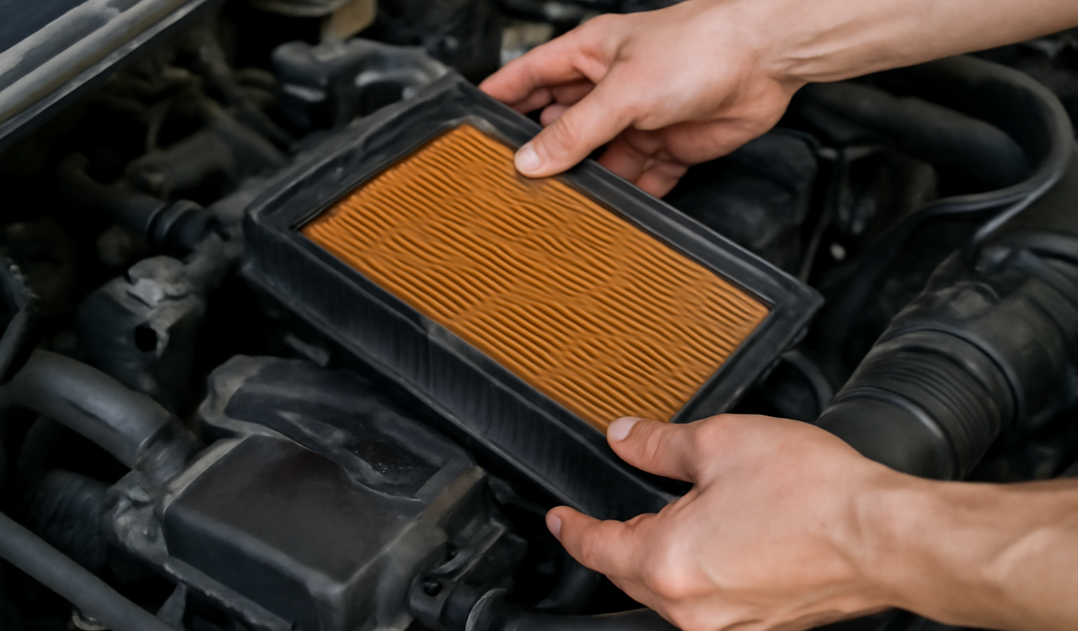 mains retirant filtre a air dans compartiment moteur