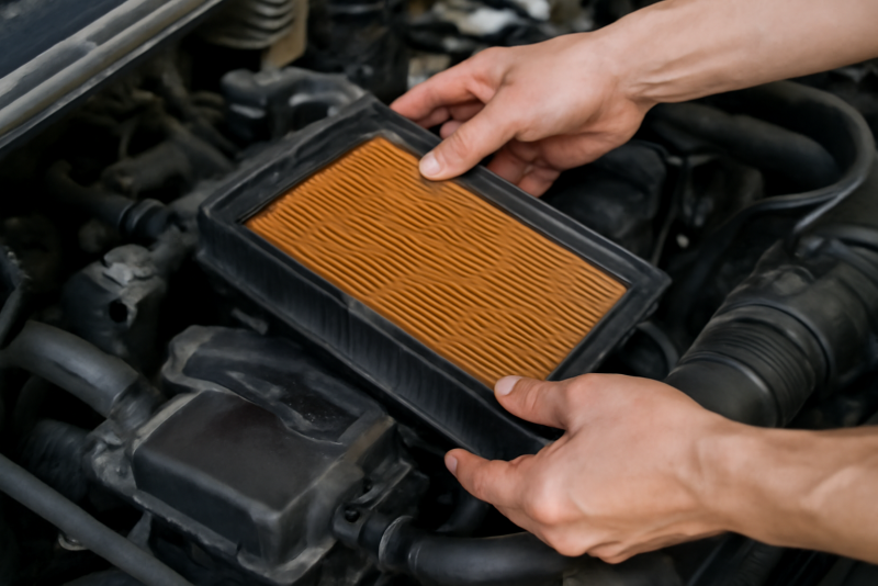 mains retirant filtre a air dans compartiment moteur