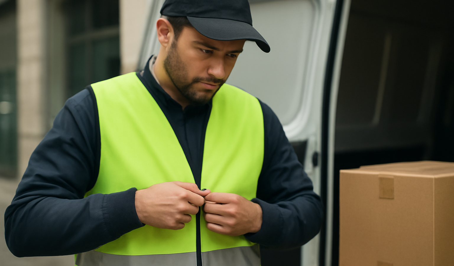 livreur ajustant un gilet fluorescent avant depart