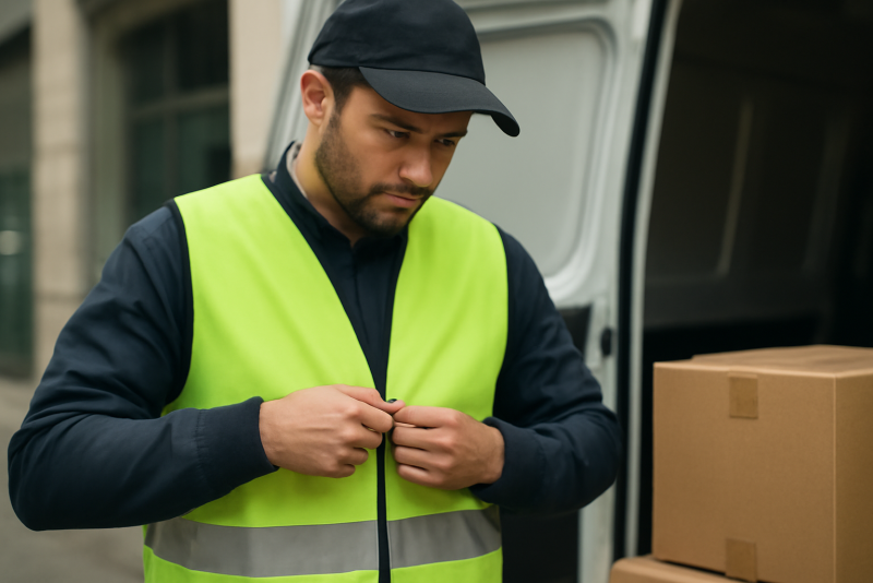 livreur ajustant un gilet fluorescent avant depart