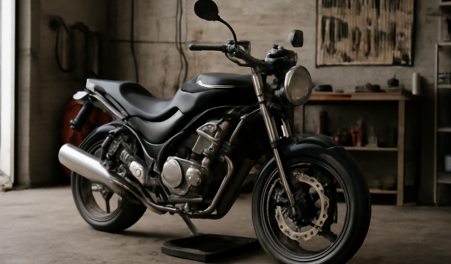 moto garée dans un garage pour revision