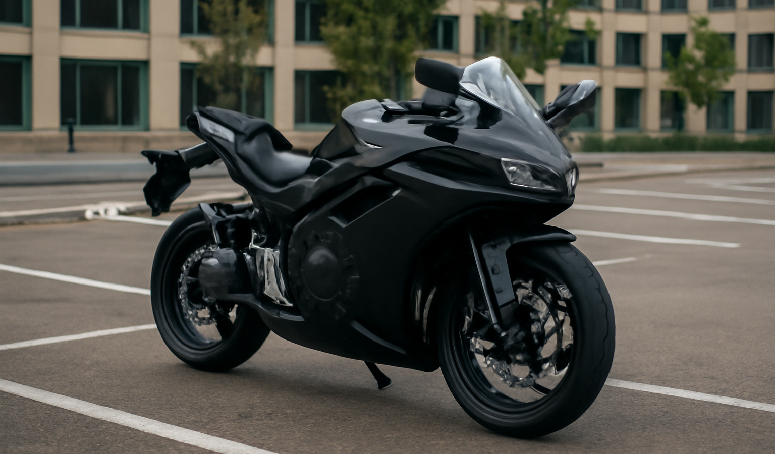 moto sportive stationnee sur parking urbain