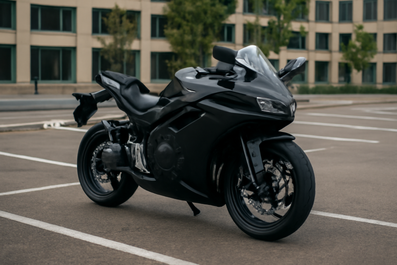 moto sportive stationnee sur parking urbain