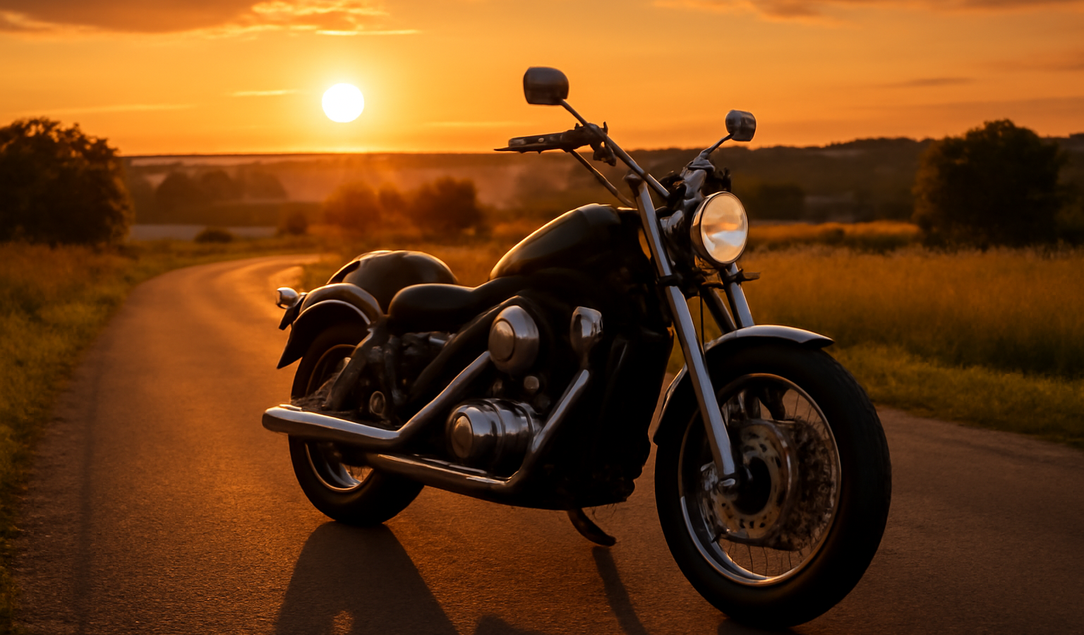 moto sur route de campagne au coucher du soleil