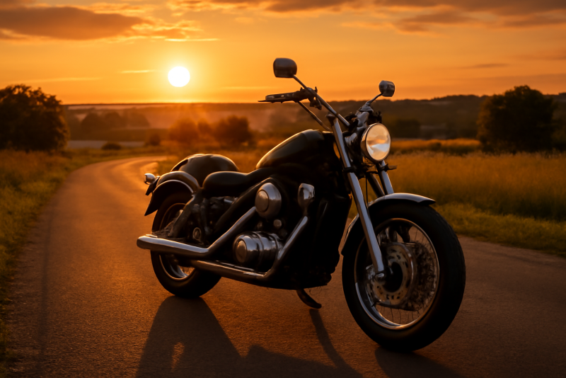 moto sur route de campagne au coucher du soleil