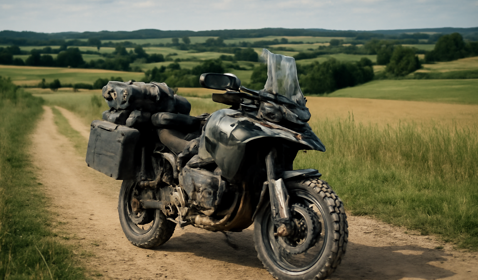 moto trail chargée traversant paysage rural