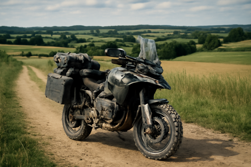 moto trail chargée traversant paysage rural
