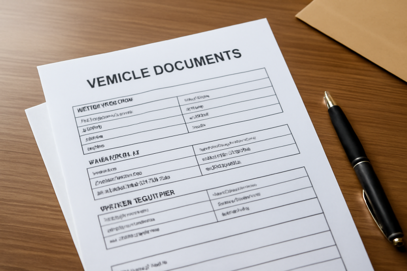 documents vehicule poses sur bureau avec stylo
