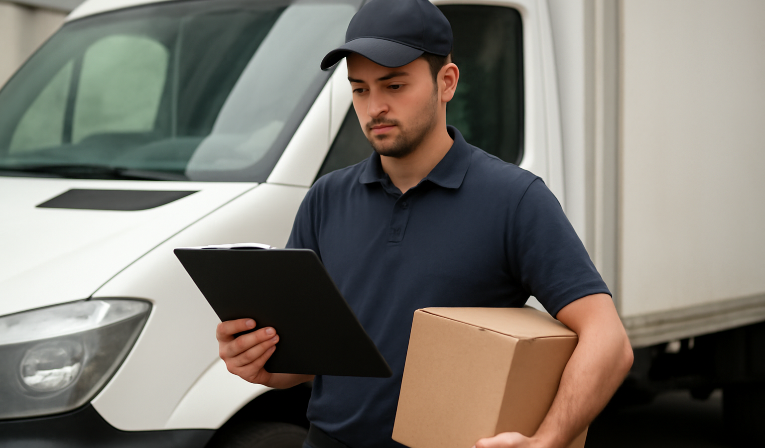 livreur consultant liste de colis devant camion