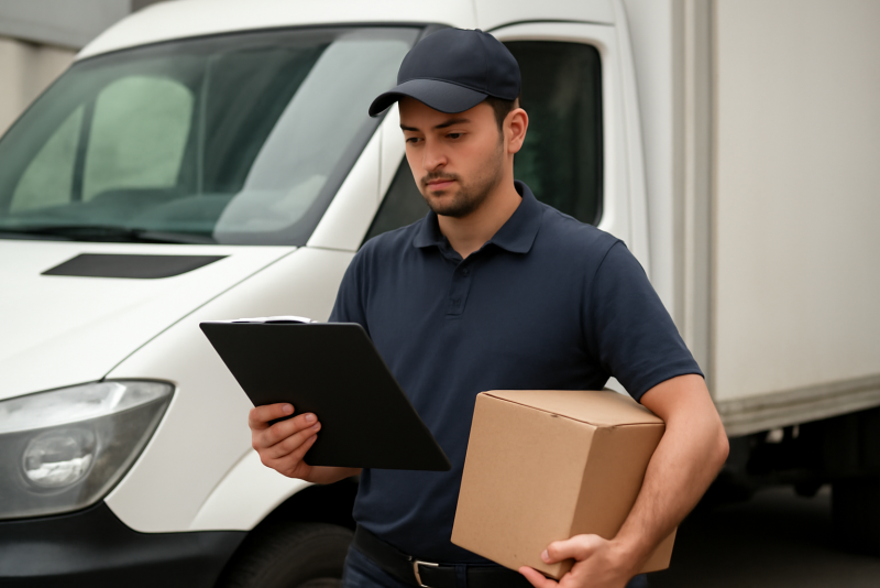 livreur consultant liste de colis devant camion