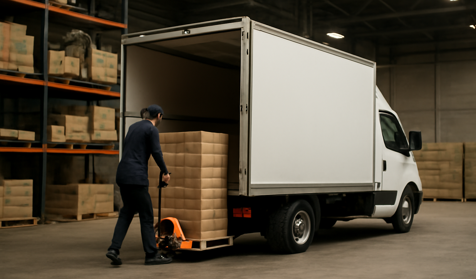 camion de livraison chargeant palettes en entrepot