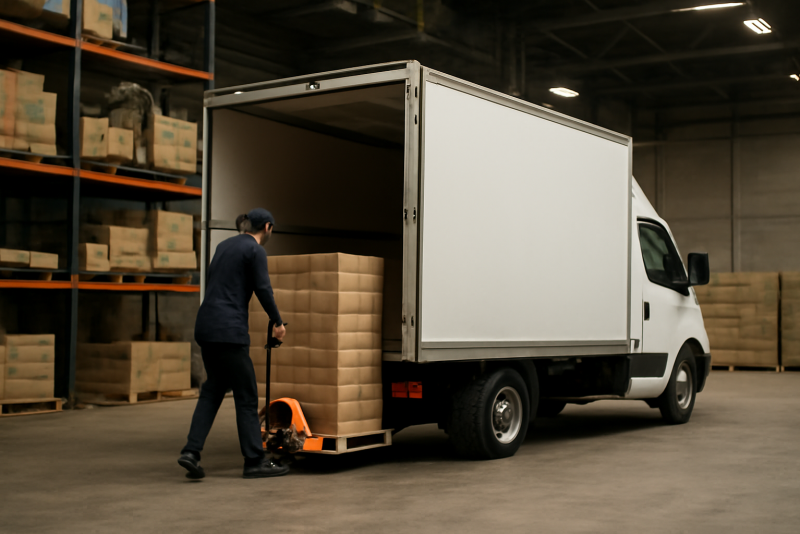 camion de livraison chargeant palettes en entrepot