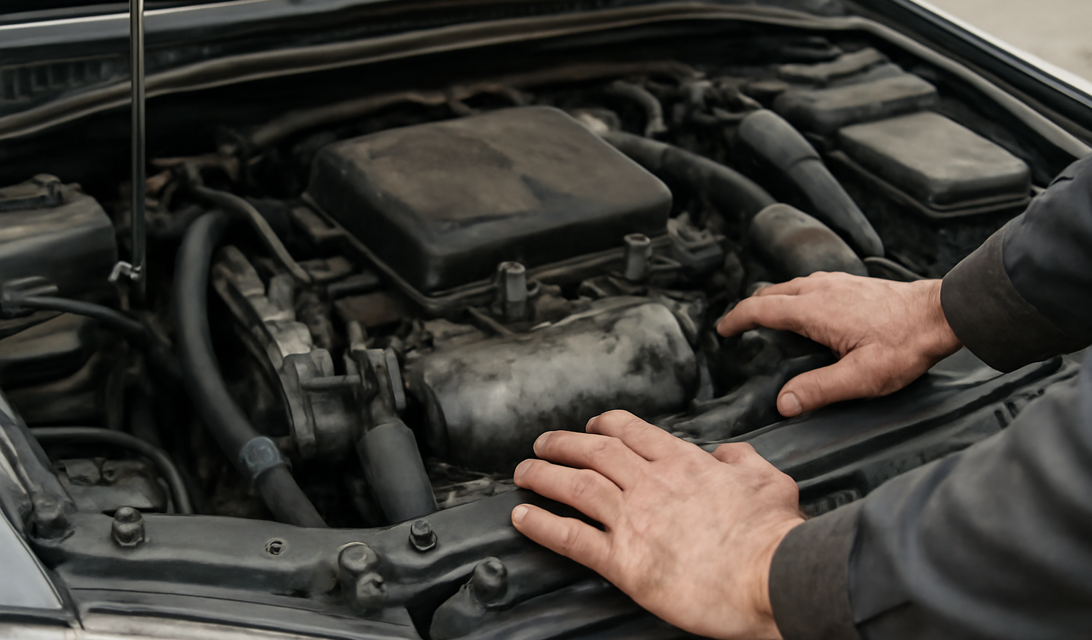 mains observant compartiment moteur ouvert