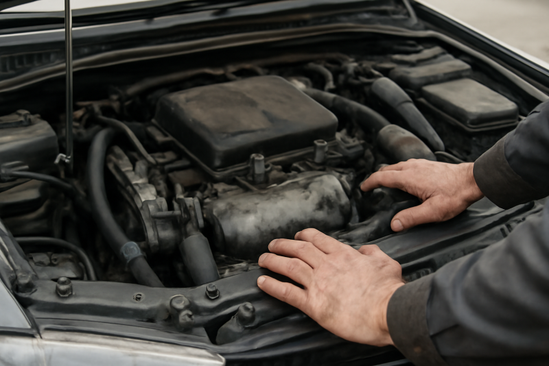 mains observant compartiment moteur ouvert