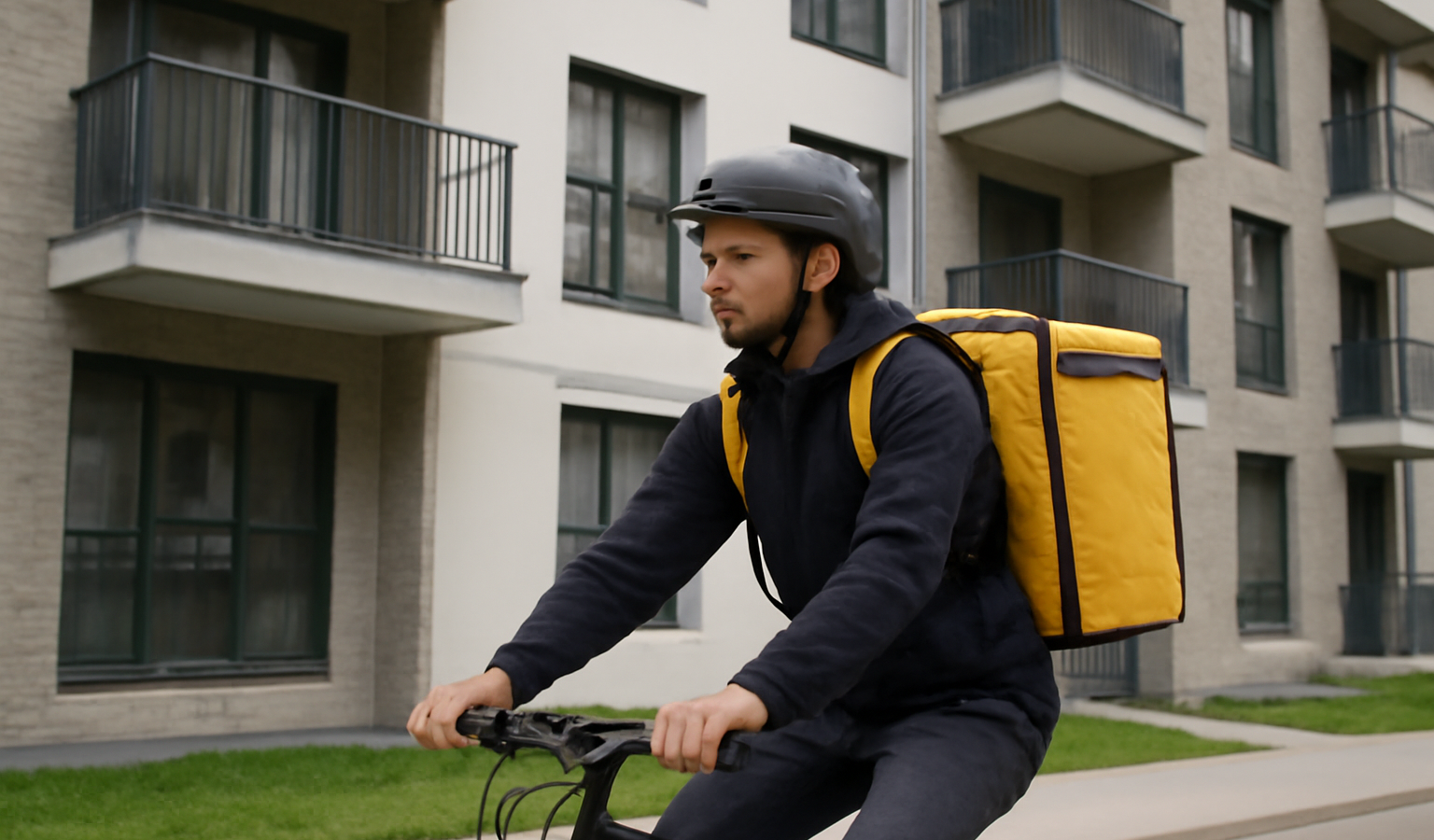 livreur à vélo devant immeuble résidentiel