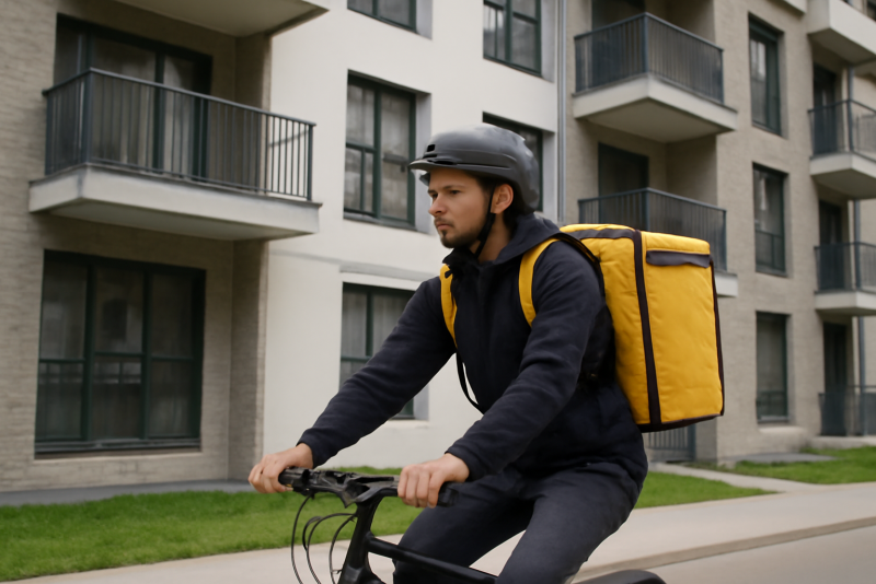 livreur à vélo devant immeuble résidentiel