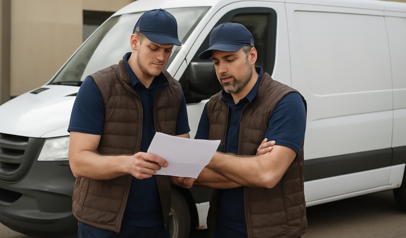 livreurs consultent planning devant camionnette