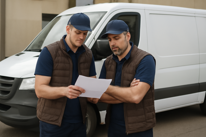 livreurs consultent planning devant camionnette