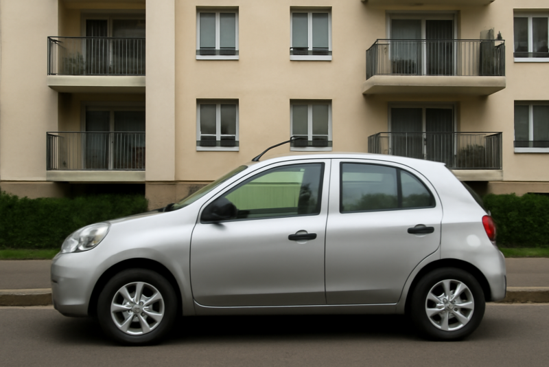 voiture compacte garee devant immeuble residentiel