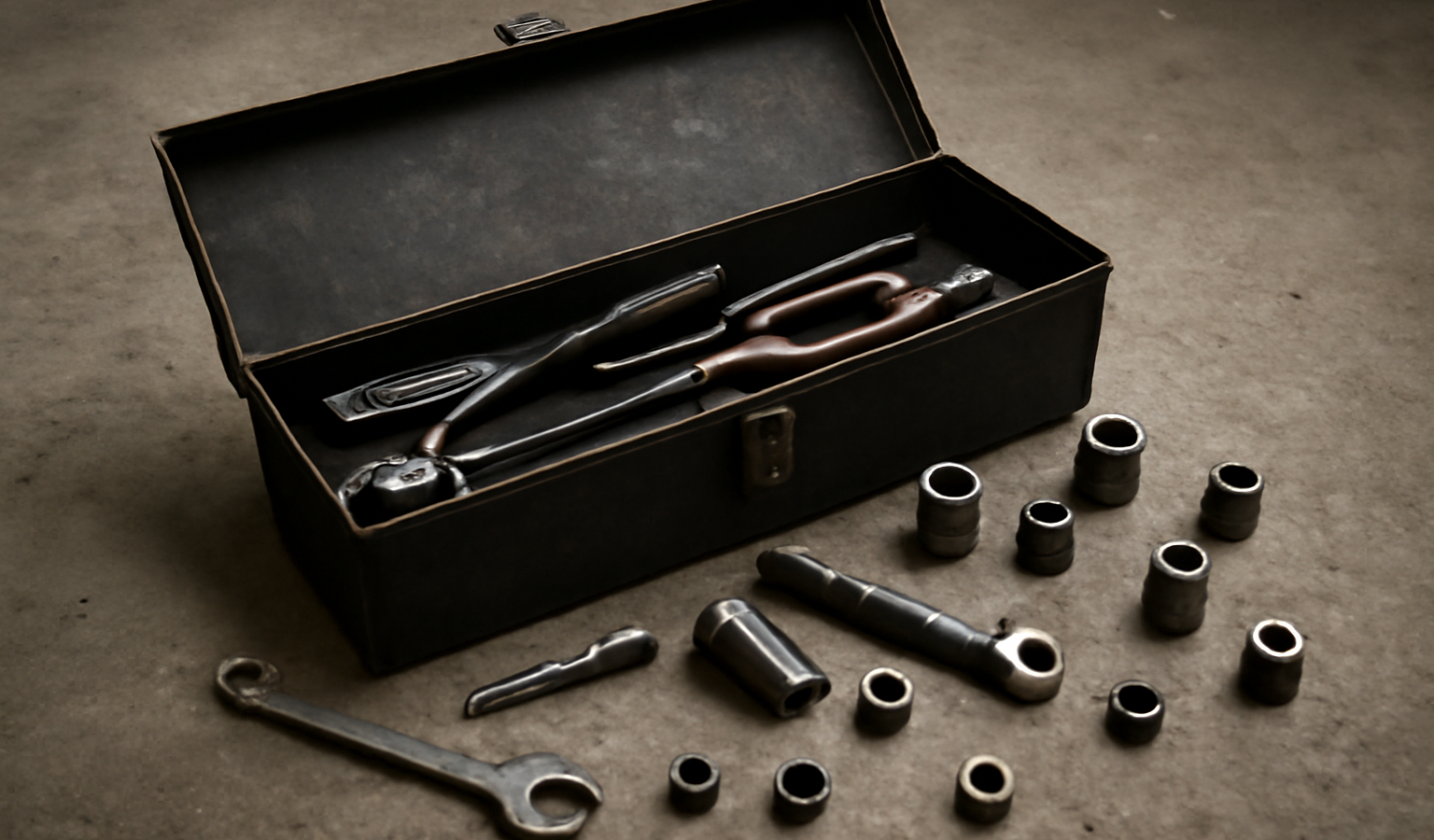 boite a outils et pieces sur sol