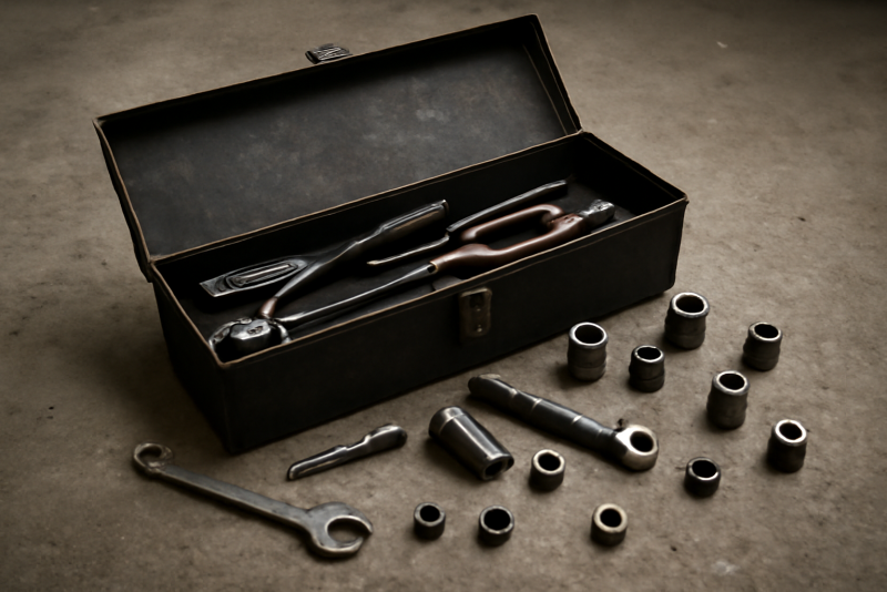 boite a outils et pieces sur sol