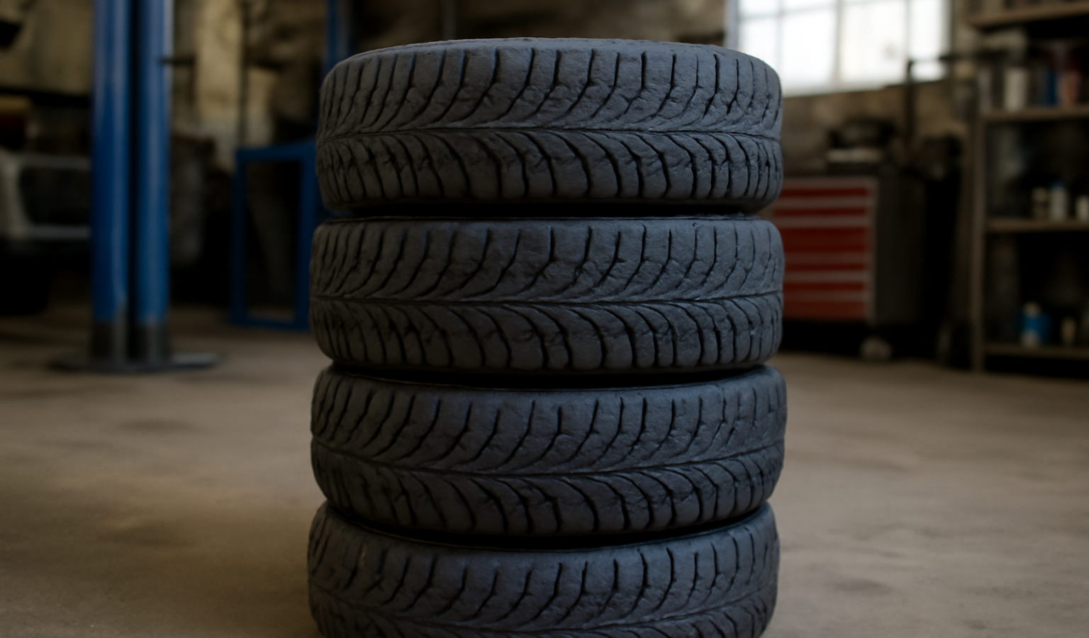 pneus hiver empiles dans atelier automobile
