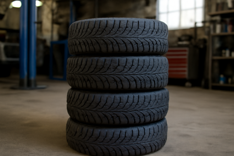 pneus hiver empiles dans atelier automobile